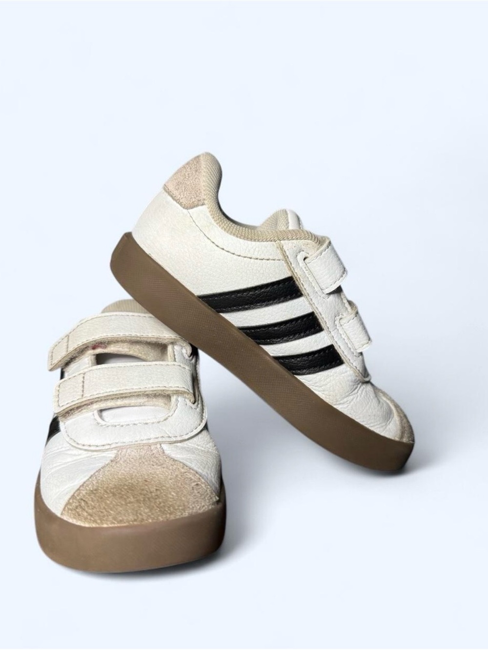 adidas Kids Cream Sneakers with Black Stripes and Brown Sole